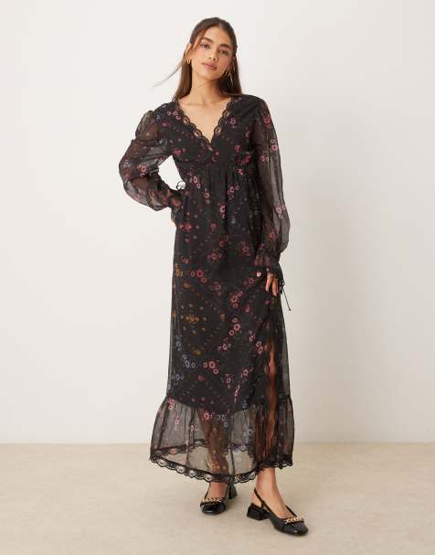 Miss Selfridge – Maxikleid mit Blumenmuster und Spitzenverzierung - view 1