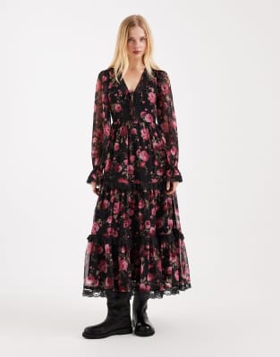 Maxikleid mit Korsett-Detail und Rosenmuster-Schwarz Schwarz 38