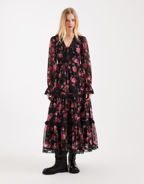 Miss Selfridge – Maxikleid mit Korsett-Detail und Rosenmuster - view 1