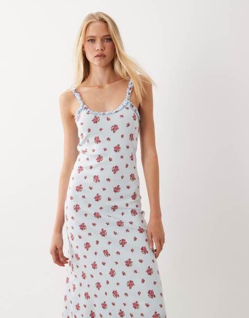 Miss Selfridge Maxikleid mit Print, Ripp-Cami, blau mit kleinem Blumenmuster, 3 von 4