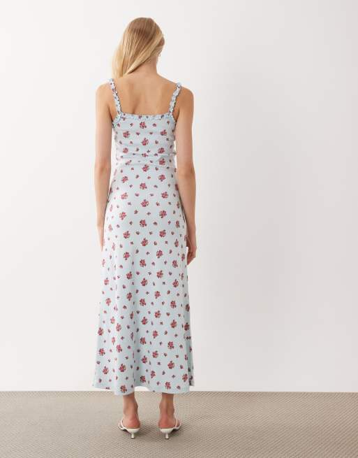 Miss Selfridge Maxikleid mit Print, Ripp-Cami, blau mit kleinem Blumenmuster, 4 von 4