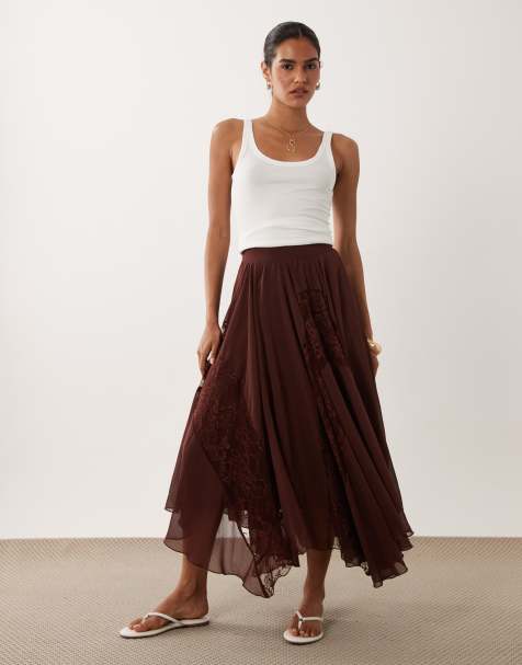 Miss Selfridge maxinederdel i chiffon og blonder med hanky-kant i chokolade - view 1