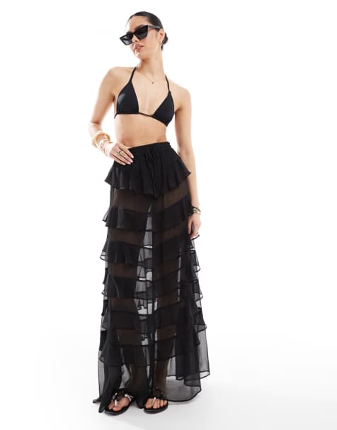 Miss Selfridge – Maxirock aus Chiffon in Schwarz mit gestuftem Rock mit Rüschen - view 1