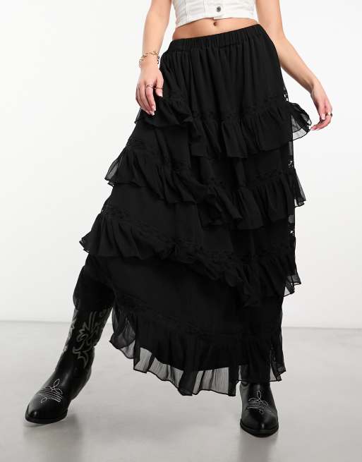 Miss Selfridge – Maxirock aus gerüschtem Jersey mit Spitzeneinsatz