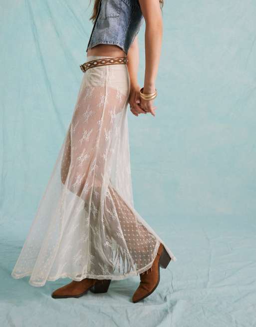Miss Selfridge – Maxirock aus transparenter Jerseyspitze in Creme mit Godet-Details, 5 von 5