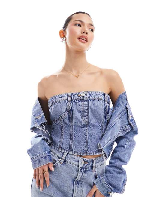 Miss Selfridge – Mellanblå bandeau-topp i denim