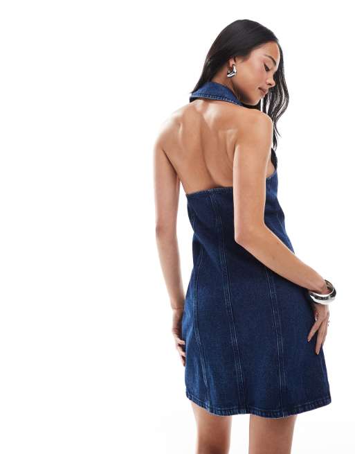 Miss Selfridge – Mellanblå miniklänning med krage och halterneck, 3 av 4
