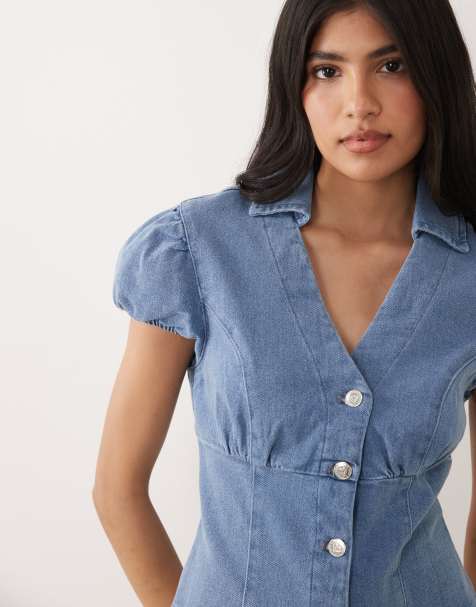 Miss Selfridge – Mellanblå, tvättad jeansskjorta med holkärmar - view 1