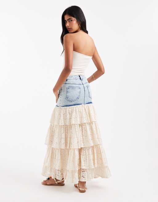 Miss Selfridge – Mellanblå, tvättad maxikjol i denim och spets, 3 av 5