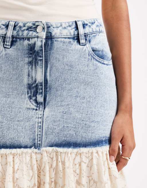Miss Selfridge – Mellanblå, tvättad maxikjol i denim och spets, 4 av 5