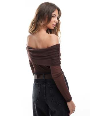 Miss Selfridge Mesh Bardot Bodysuit In Brown