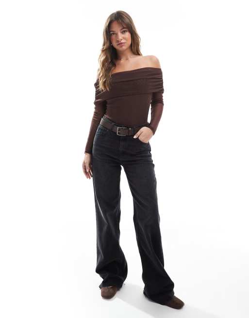 Miss Selfridge mesh bardot bodysuit in chocolate, 4 of 4