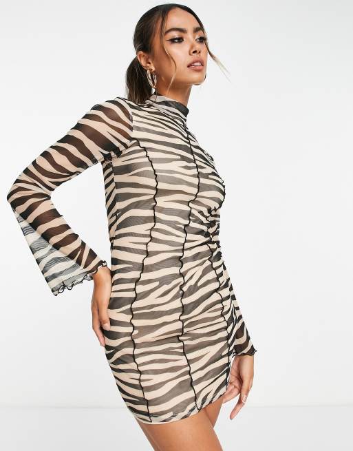 Miss Selfridge mesh lettuce seam mini dress in zebra print