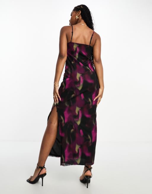 Abstract Floral Print Mesh Maxi Slip Dress