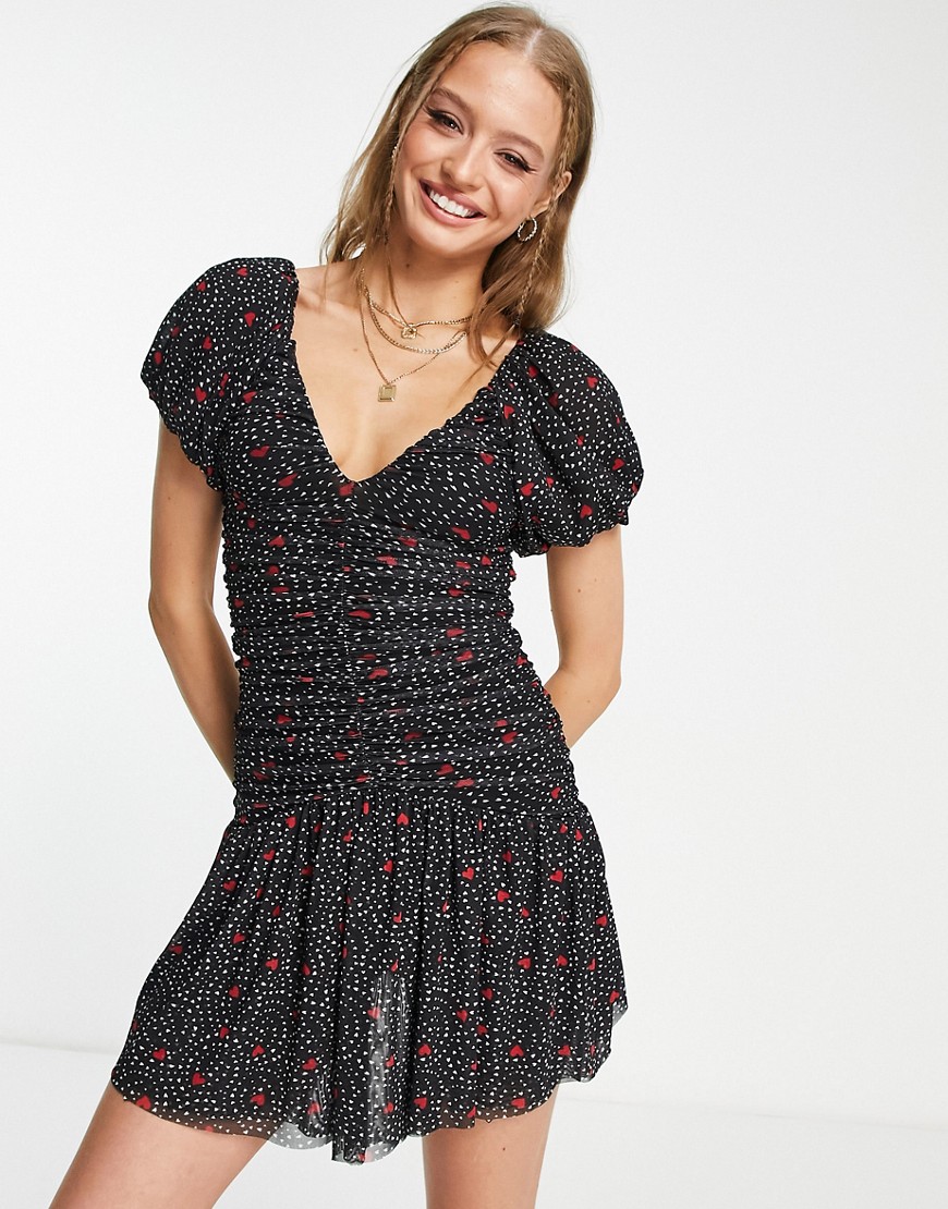 Miss Selfridge mesh ruched all over fit and flare dress in mini heart print-Black