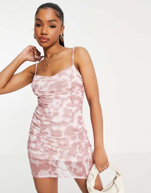 Miss Selfridge mesh ruched side mini dress in pink blurred animal