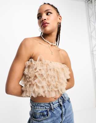 Miss Selfridge Mesh Ruffle Bandeau Top In Neutral