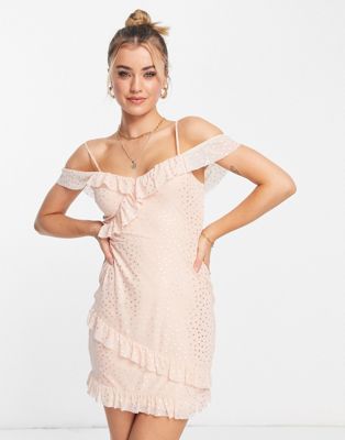 Miss Selfridge mesh ruffle mini dress in blush with silver spot