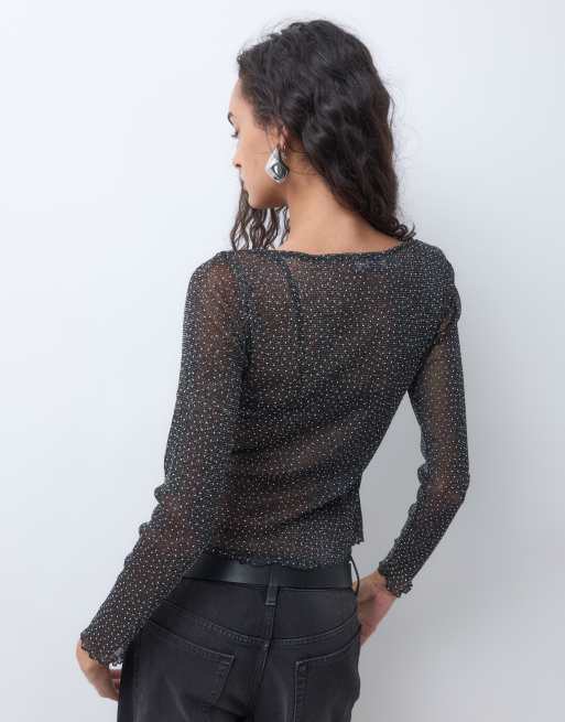 Miss Selfridge mesh-top med lange ærmer og hotfix-detaljer i sort, 4 af 5