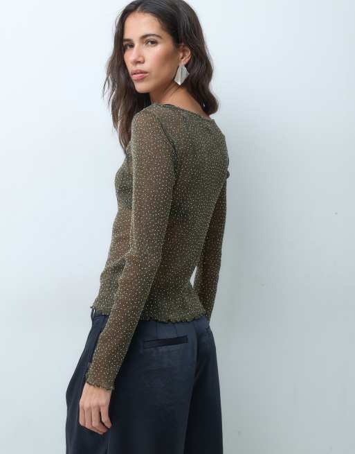 Miss Selfridge mesh-topp med strasstenar och långa ärmar i olivgrönt, 5 av 5