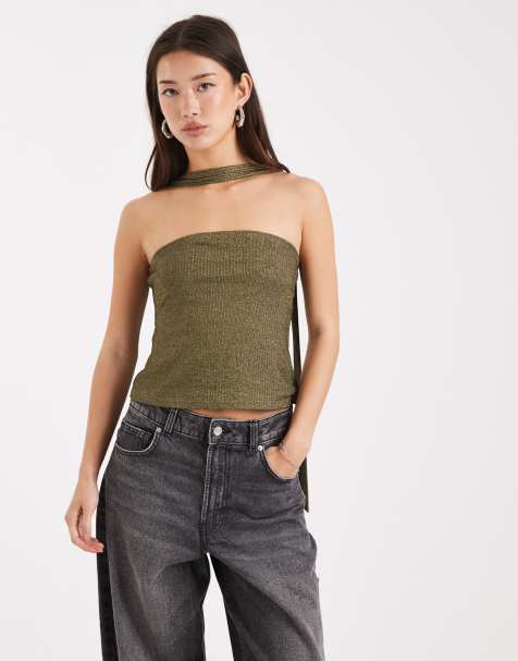 Miss Selfridge metallic bandeau scarf top in gold