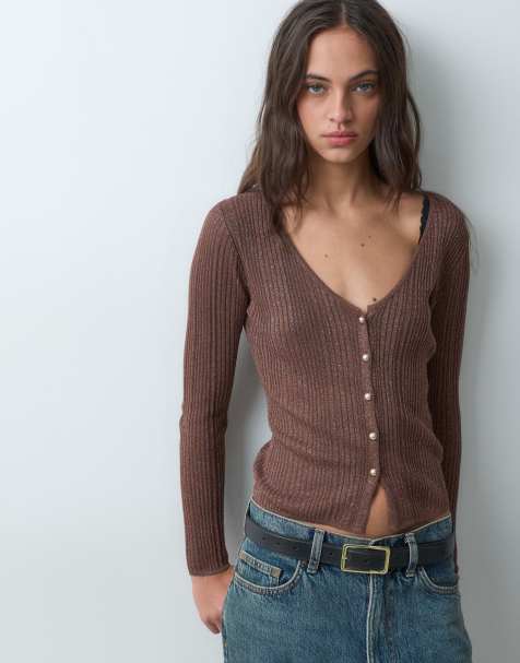 Miss Selfridge metallic button through cardigan in brown - view 1