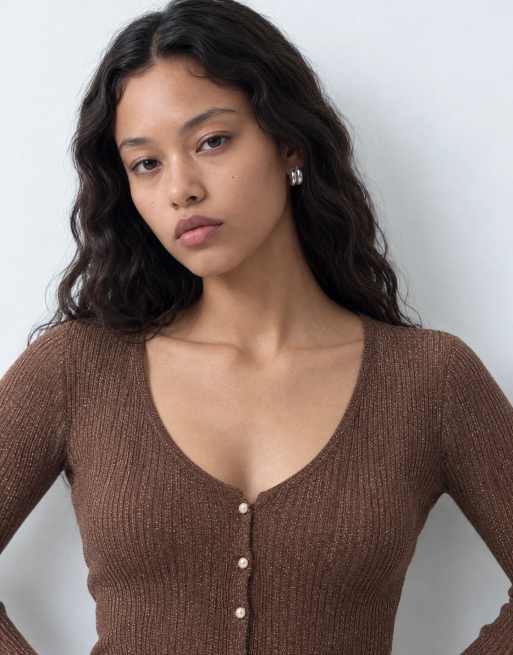 Miss Selfridge metallic button through cardigan in brown, 10 of 10