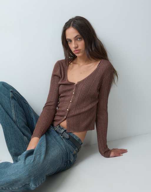 Miss Selfridge metallic button through cardigan in brown, 3 of 5