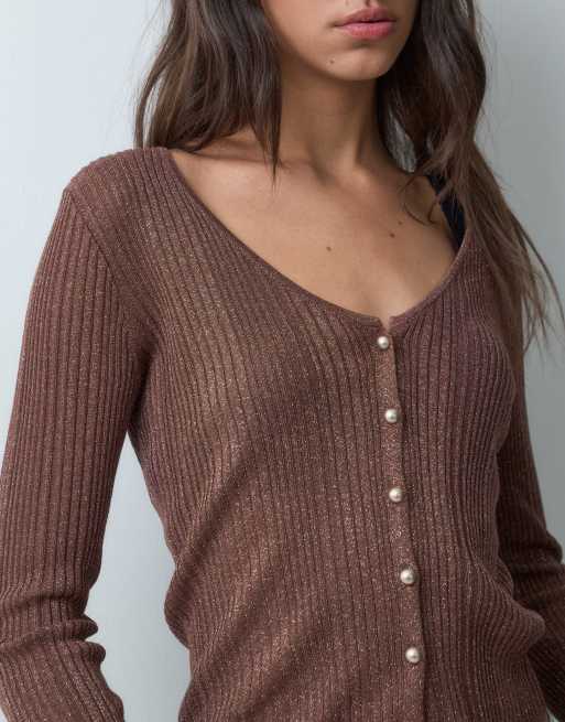Miss Selfridge metallic button through cardigan in brown, 5 of 5
