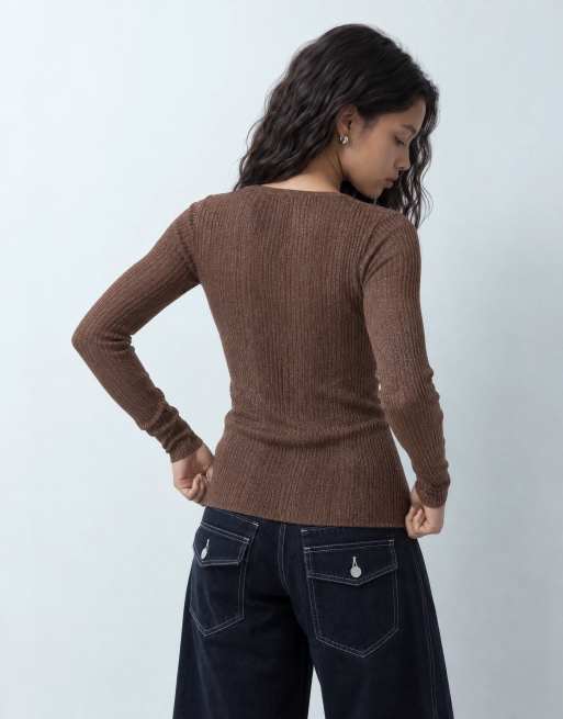 Miss Selfridge metallic button through cardigan in brown, 6 of 10