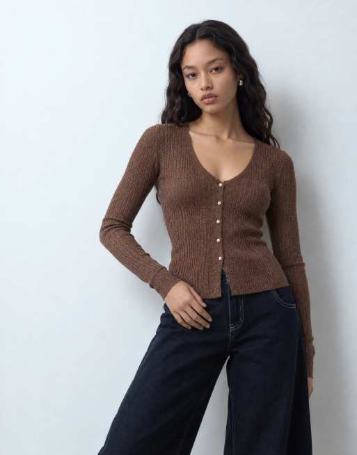 Miss Selfridge metallic button through cardigan in brown, 7 of 10
