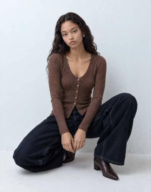 Miss Selfridge metallic button through cardigan in brown, 8 of 10