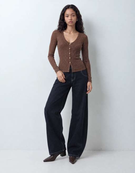 Miss Selfridge metallic button through cardigan in brown, 9 of 10