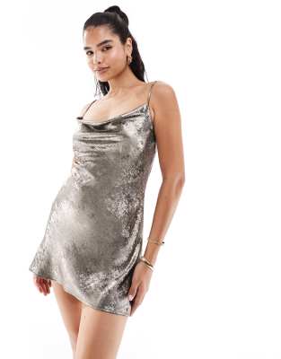 metallic cowl neck mini slip dress in gold