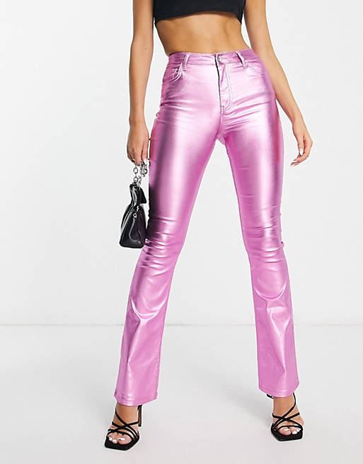 Miss Selfridge metallic flare jeans in hot pink | ASOS