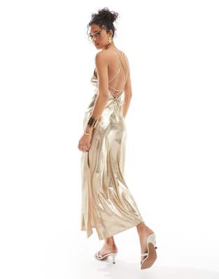 metallic lace up back detail strappy maxi dress in gold