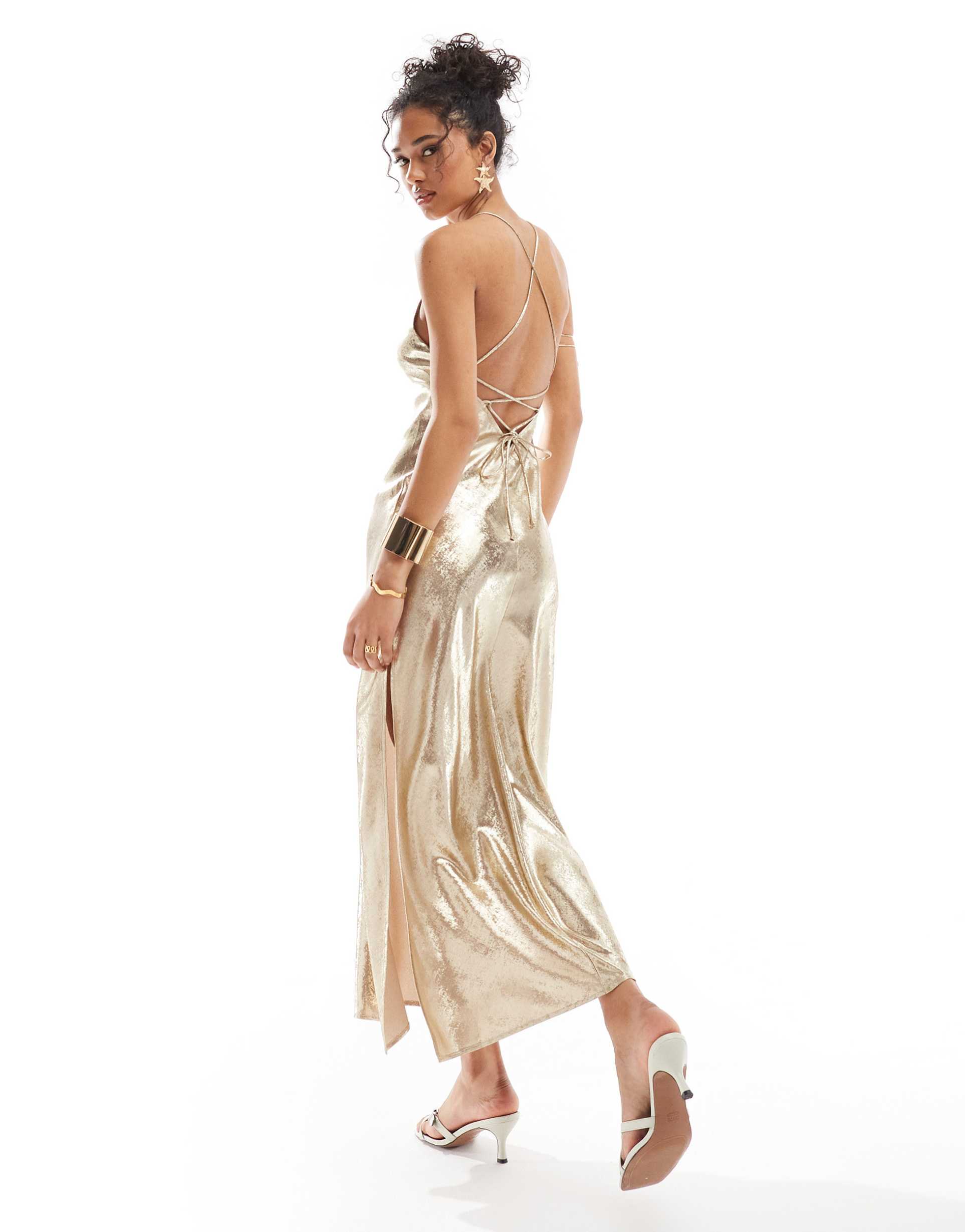 miss selfridge metallic lace up back detail strappy maxi dress in gold