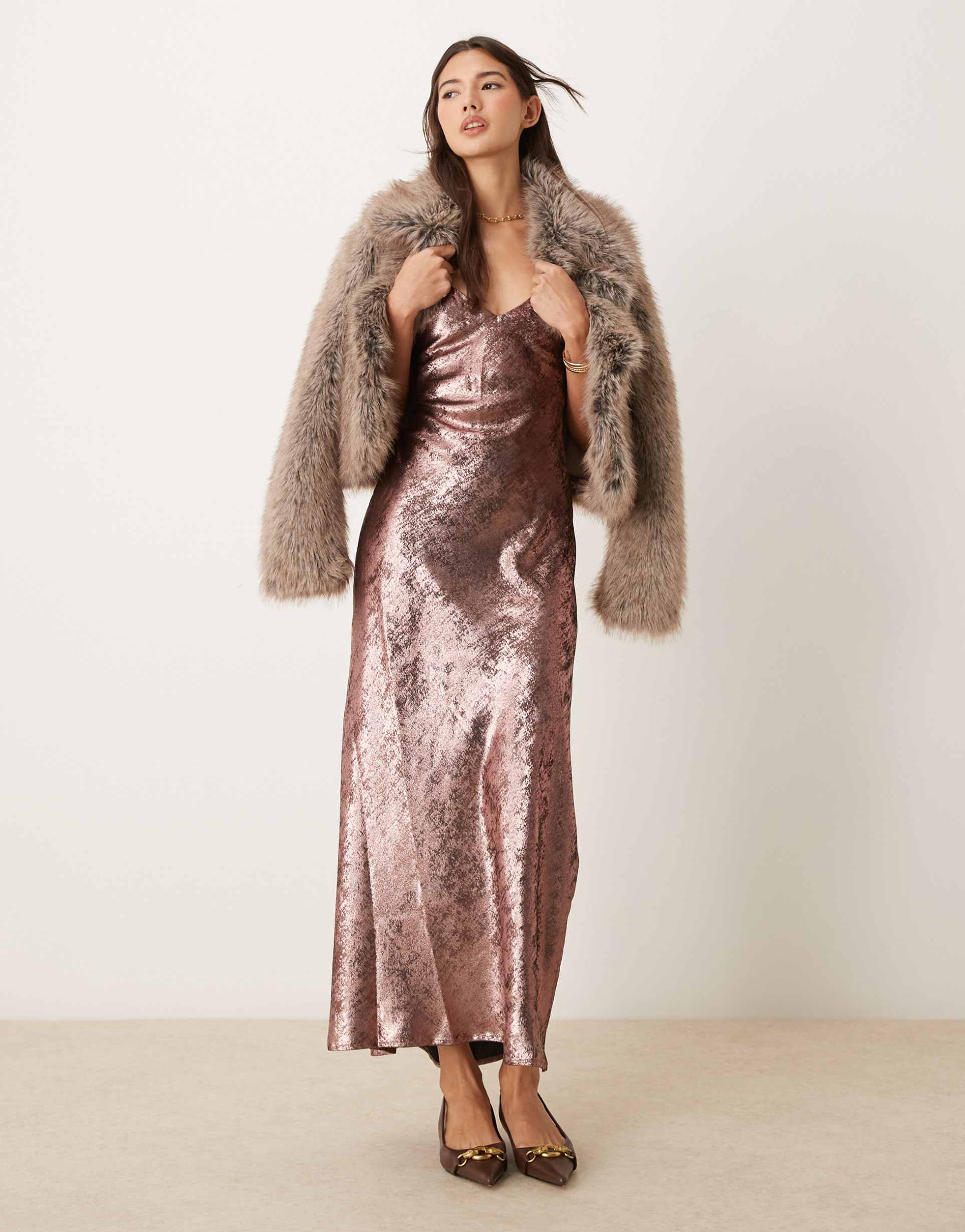 miss selfridge metallic maxi slip dress in pink