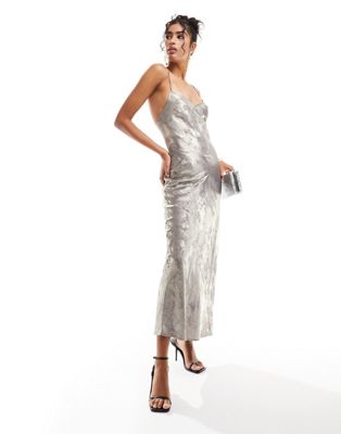 Shop Miss Selfridge Metallic Maxi Slip Dress In Silver