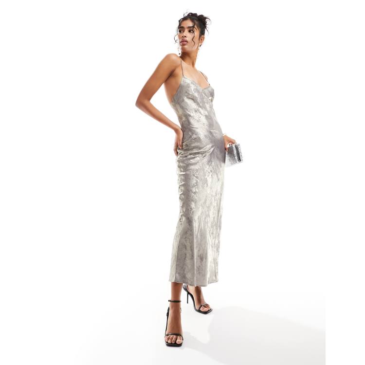 Miss Selfridge metallic maxi slip dress in silver