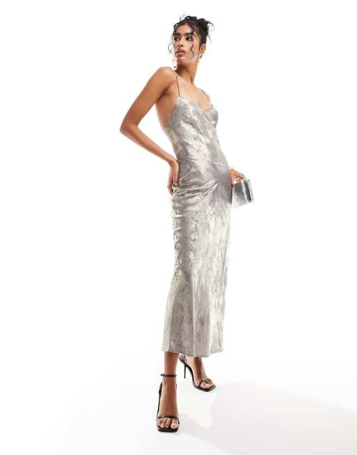 Miss Selfridge metallic maxi slip dress in silver