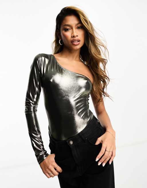  Miss Selfridge metallic one shoulder bodysuit with shoulder pad detail 