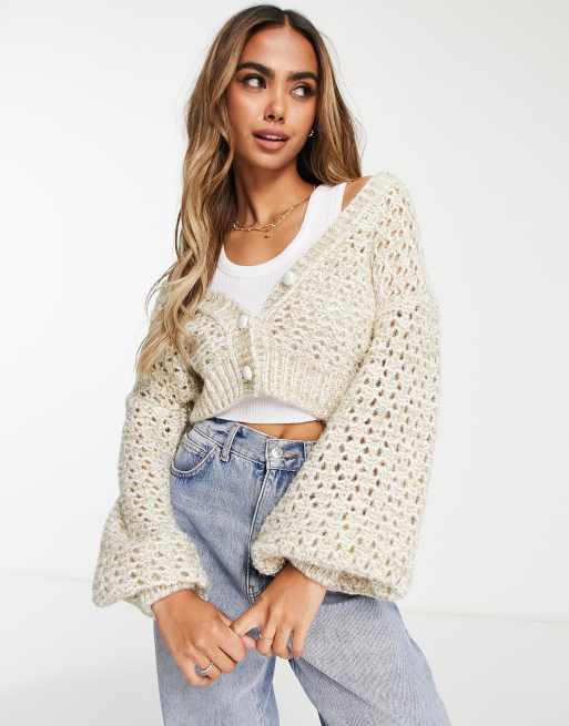 Miss Selfridge metallic open knit cardigan with pearl buttons in cream