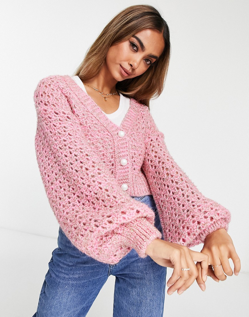 Miss Selfridge metallic open knit cardigan with pearl buttons in pink