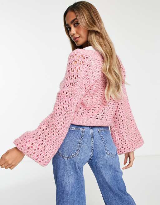 Miss Selfridge metallic open knit cardigan with pearl buttons in pink , 2 of 4