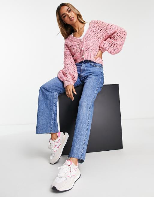 Miss Selfridge metallic open knit cardigan with pearl buttons in pink , 3 of 4