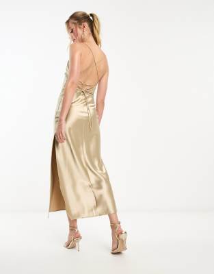 Miss Selfridge Metallic Satin Lace Back Maxi Dress In Gold