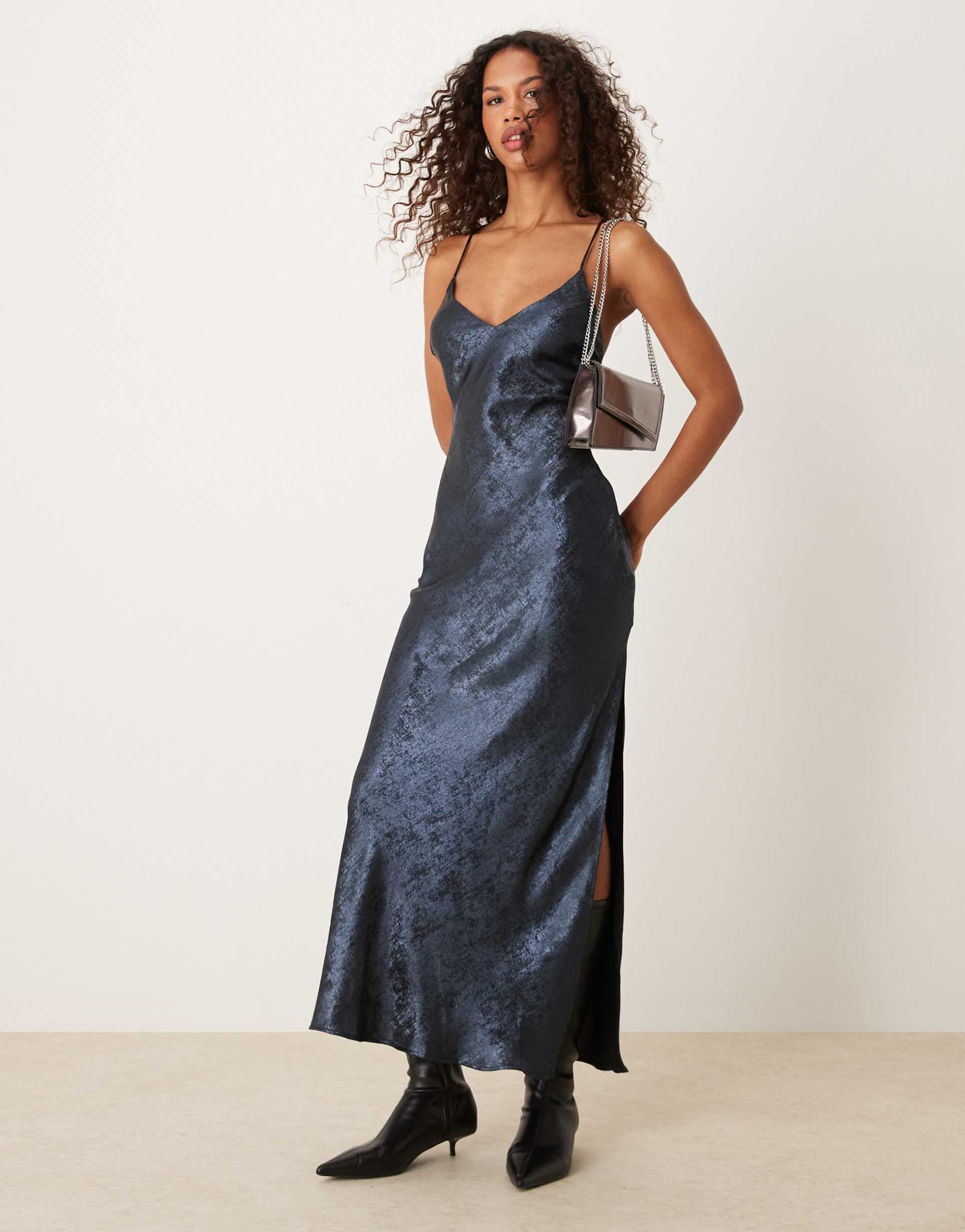 miss selfridge metallic strappy maxi dress in blue