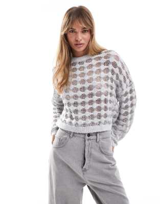 metallic stripe sweater in gray heather with silver