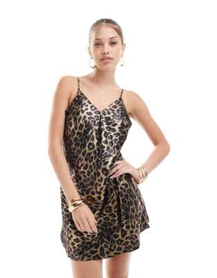 metallic swing mini slip dress in animal-Brown